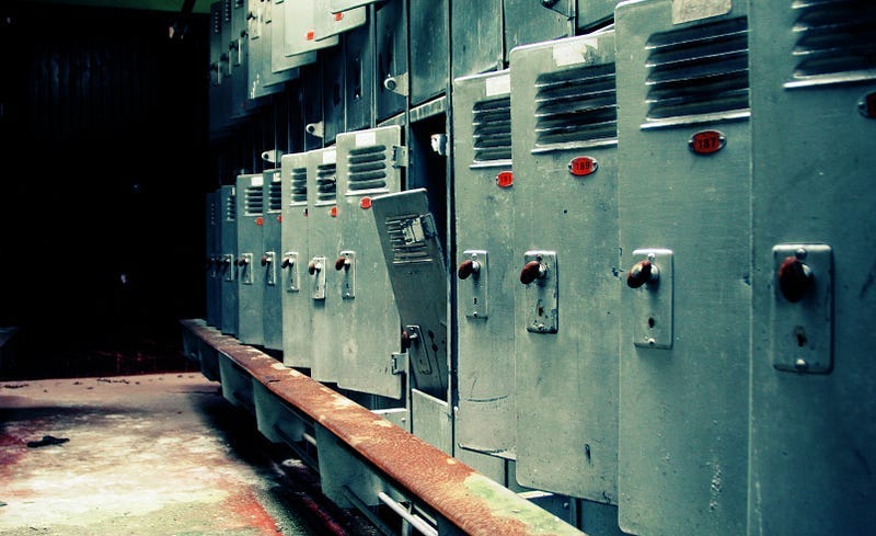 old lockers, some empty with the doors falling off